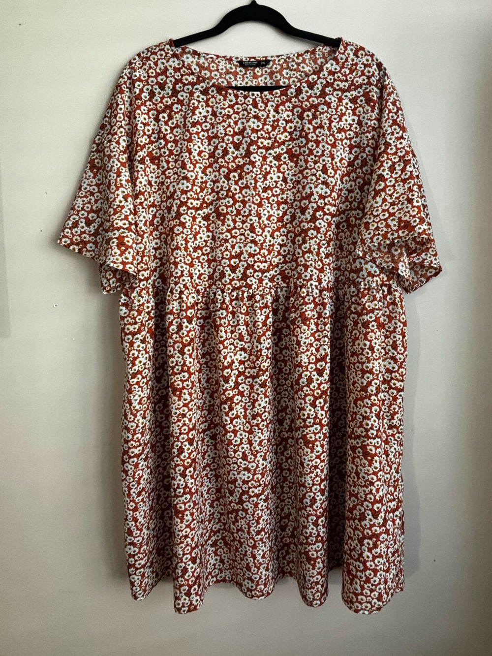 Ditsy Floral Plus Sz 2X Babydoll Mini Dress Rust Daisy Print